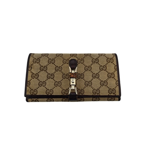 Gucci Handbags - Gucci GG Monogram Jackie Bamboo Piston Clasp Long Wallet Brown Canvas 208566